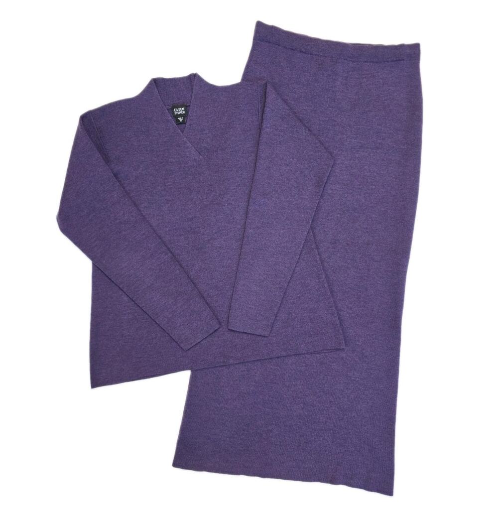 Eileen Fisher Merino Wool Sweater M Maxi Skirt S Purple 2-Piece Set Lagenlook